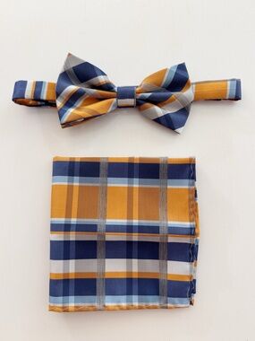 Brand Q Orange Blue Plaid Bow Tie and Pocket Square Set